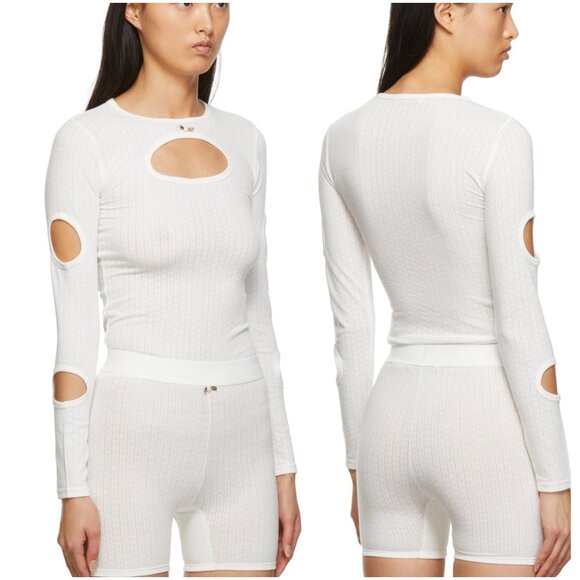 Sandy Liang Cut-Out Orbit Top size S small off-white pointelle ribbed knit shirt - Picture 2 of 10